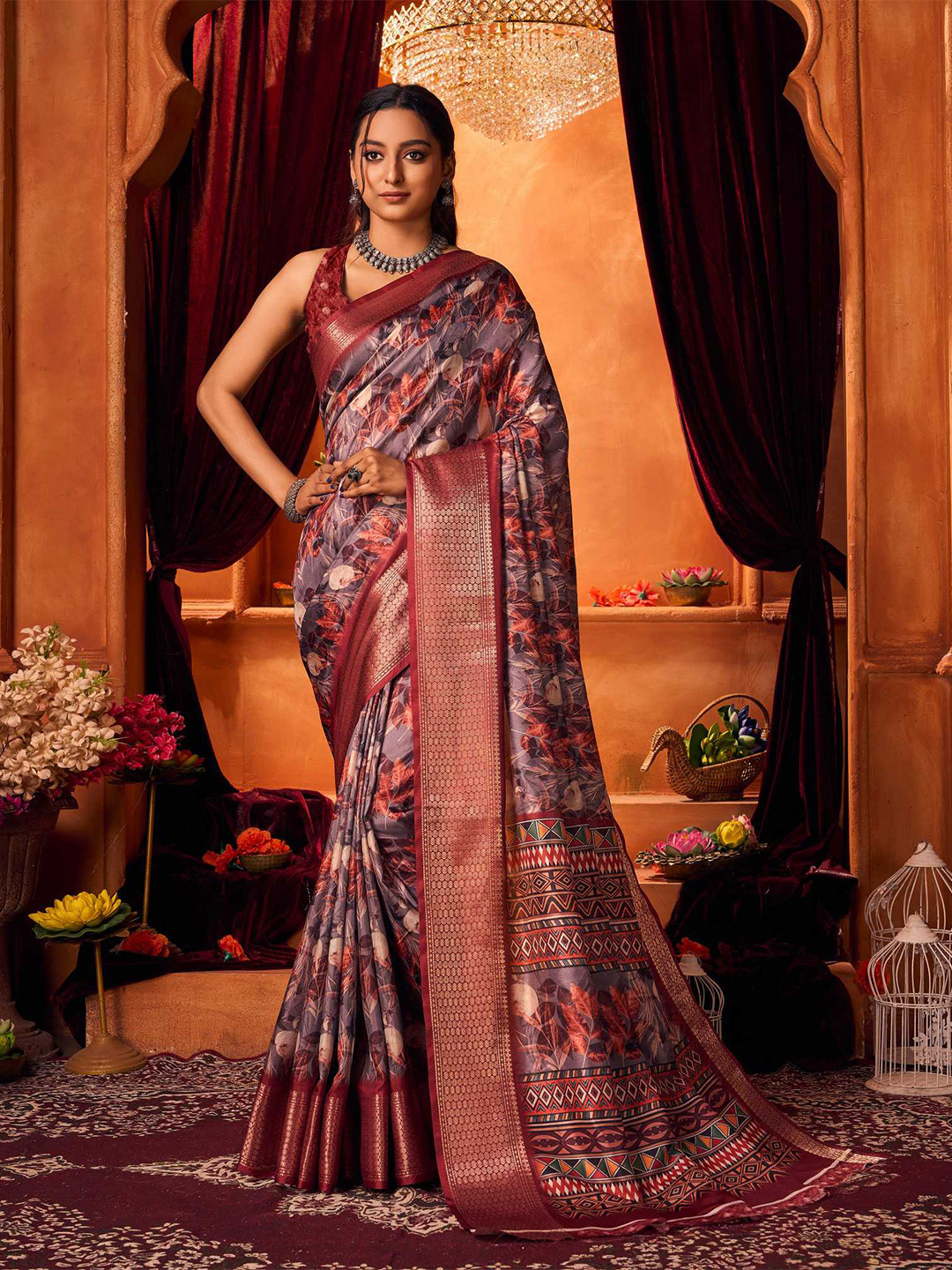 

KALINI Floral Woven Design Zari Silk Cotton Saree, Brown