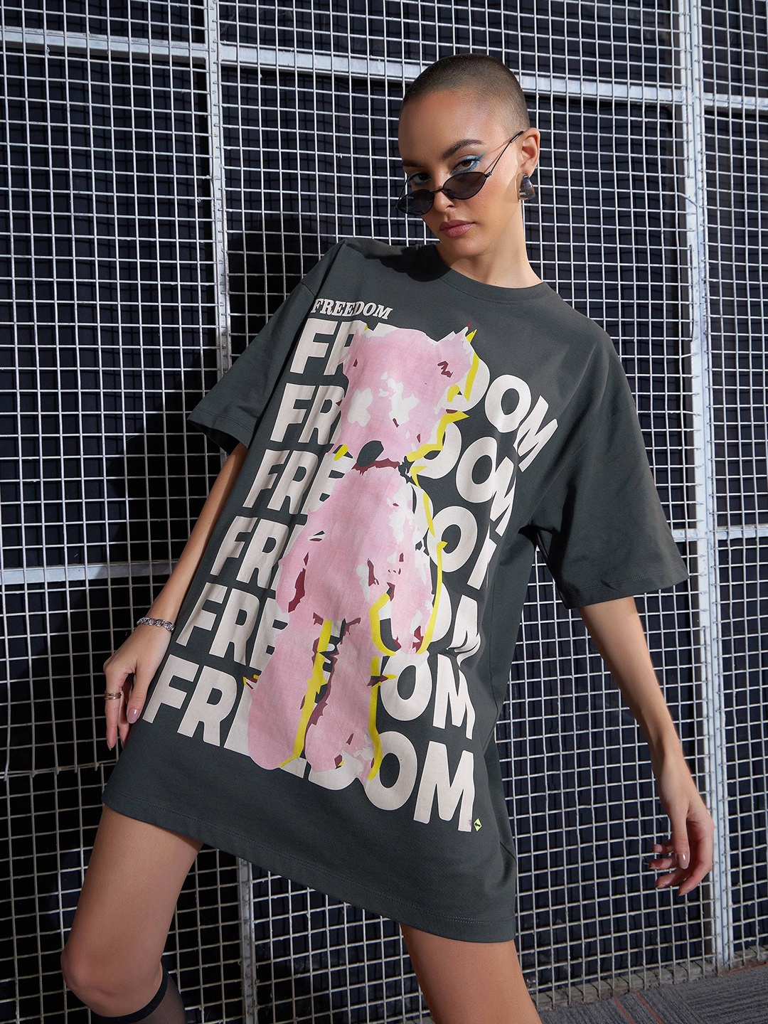 SASSAFRAS Typography Printed Round Neck Cotton Oversized T shirt Dress, Grey
