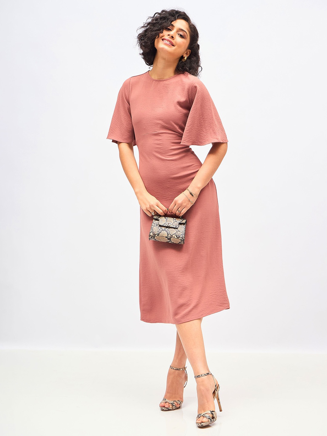 

SASSAFRAS Flared Sleeve Cut Out A-Line Midi Dress, Brown