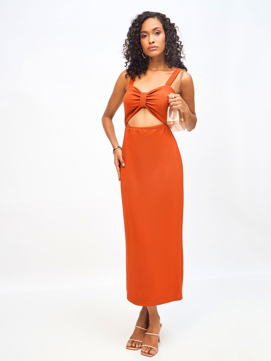 

SASSAFRAS Shoulder Strap Waist Cut Out Bodycon Midi Dress, Rust