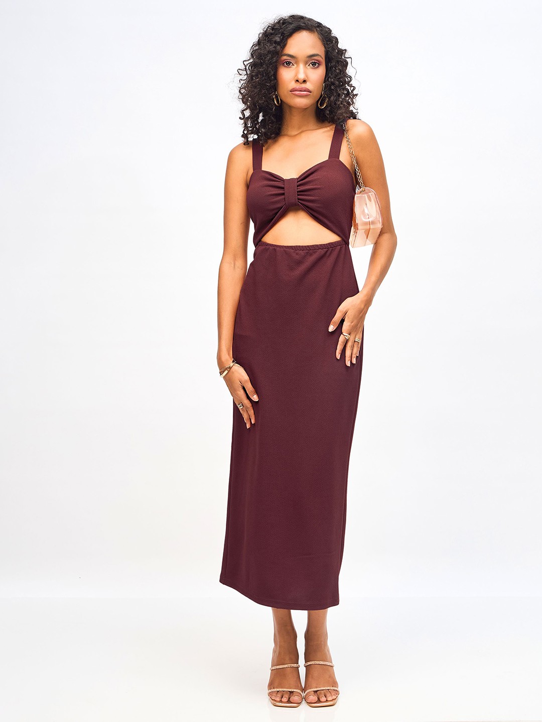 

SASSAFRAS Shoulder Strap Waist Cut Out Bodycon Midi Dress, Burgundy