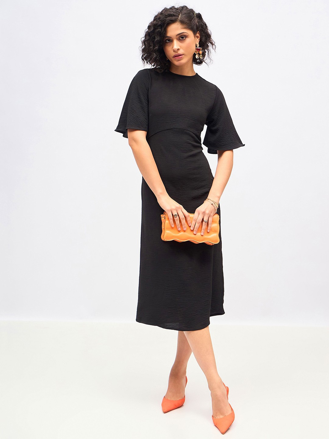 

SASSAFRAS Flared Sleeve Cut Out A-Line Midi Dress, Black