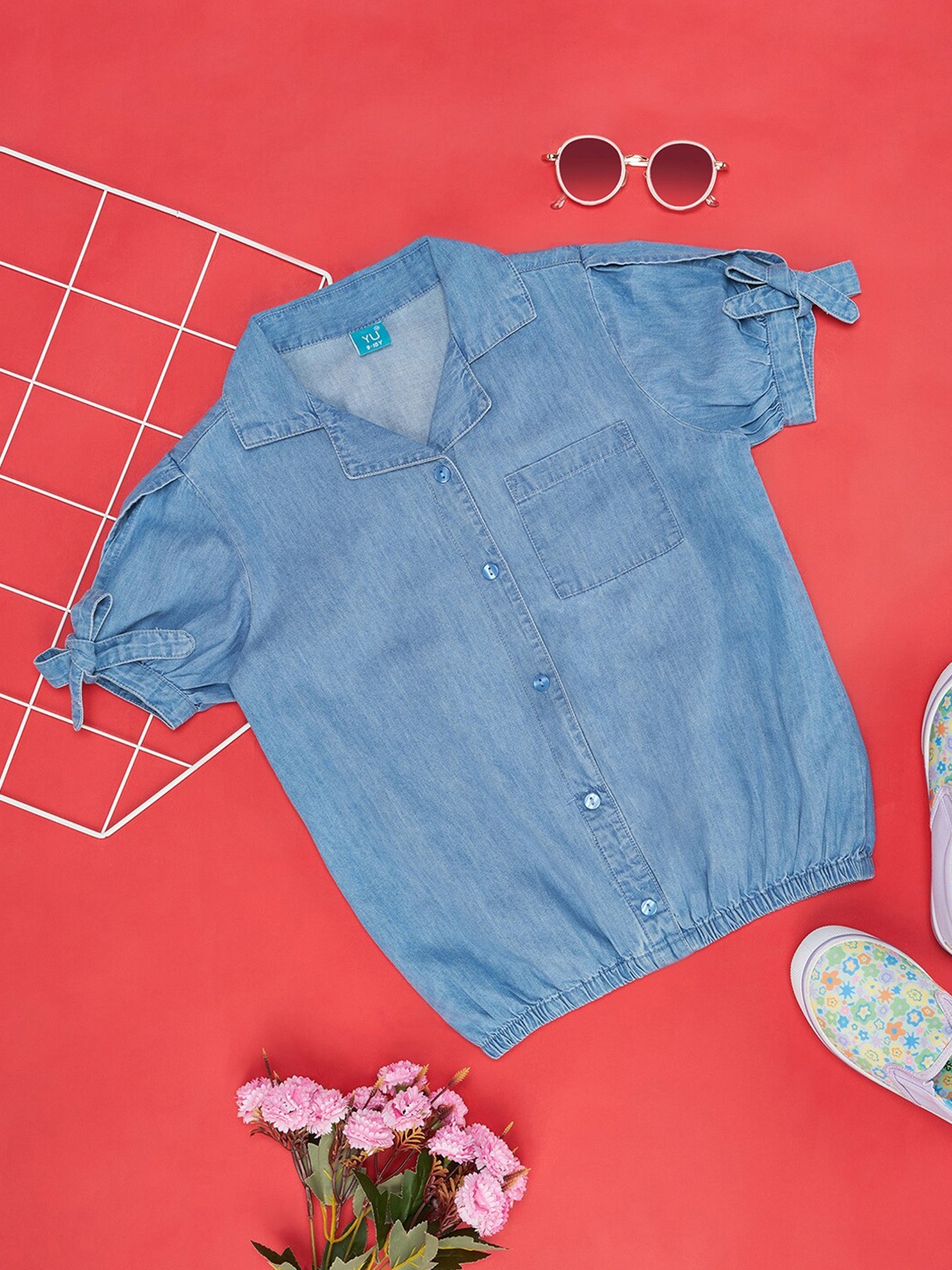 

YU by Pantaloons Girls Puff Sleeves Cotton Shirt Style Top, Blue