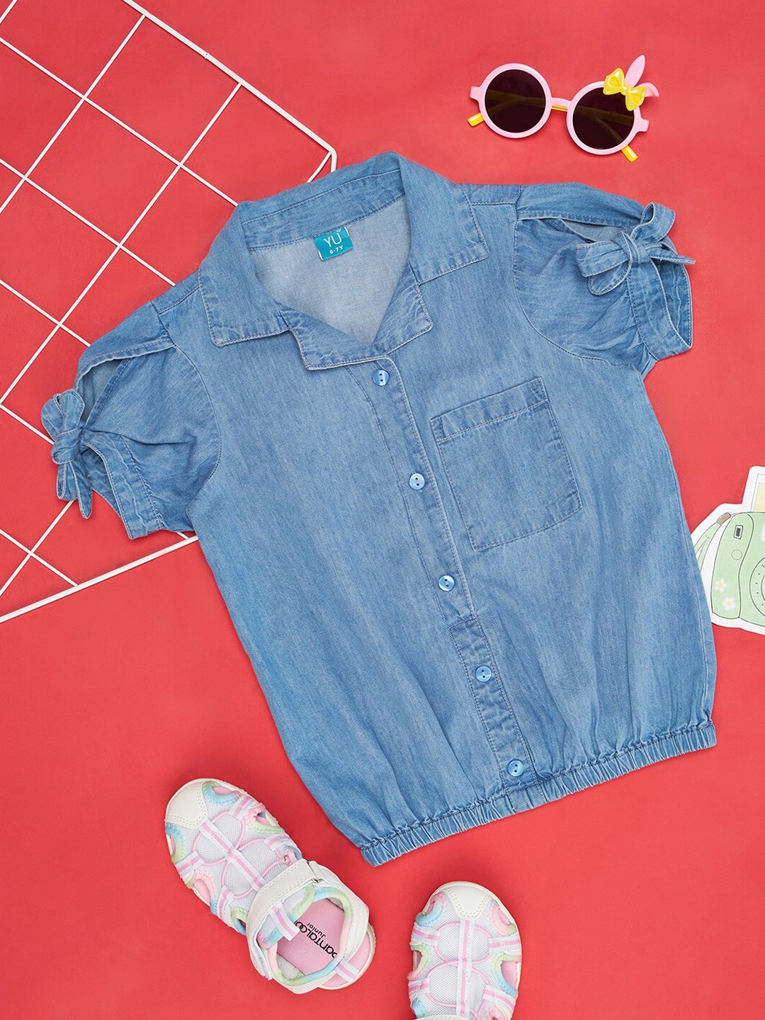 

YU by Pantaloons Girls Puff Sleeves Cotton Shirt Style Top, Blue