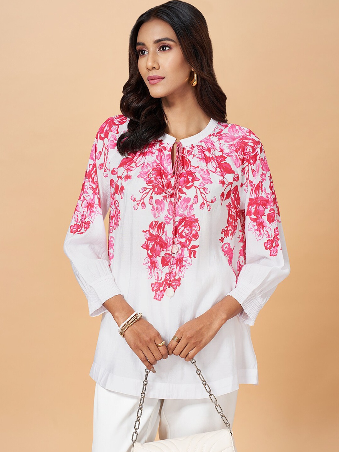 Marigold Lane Floral Printed Tie-Up Neck Top, Pink
