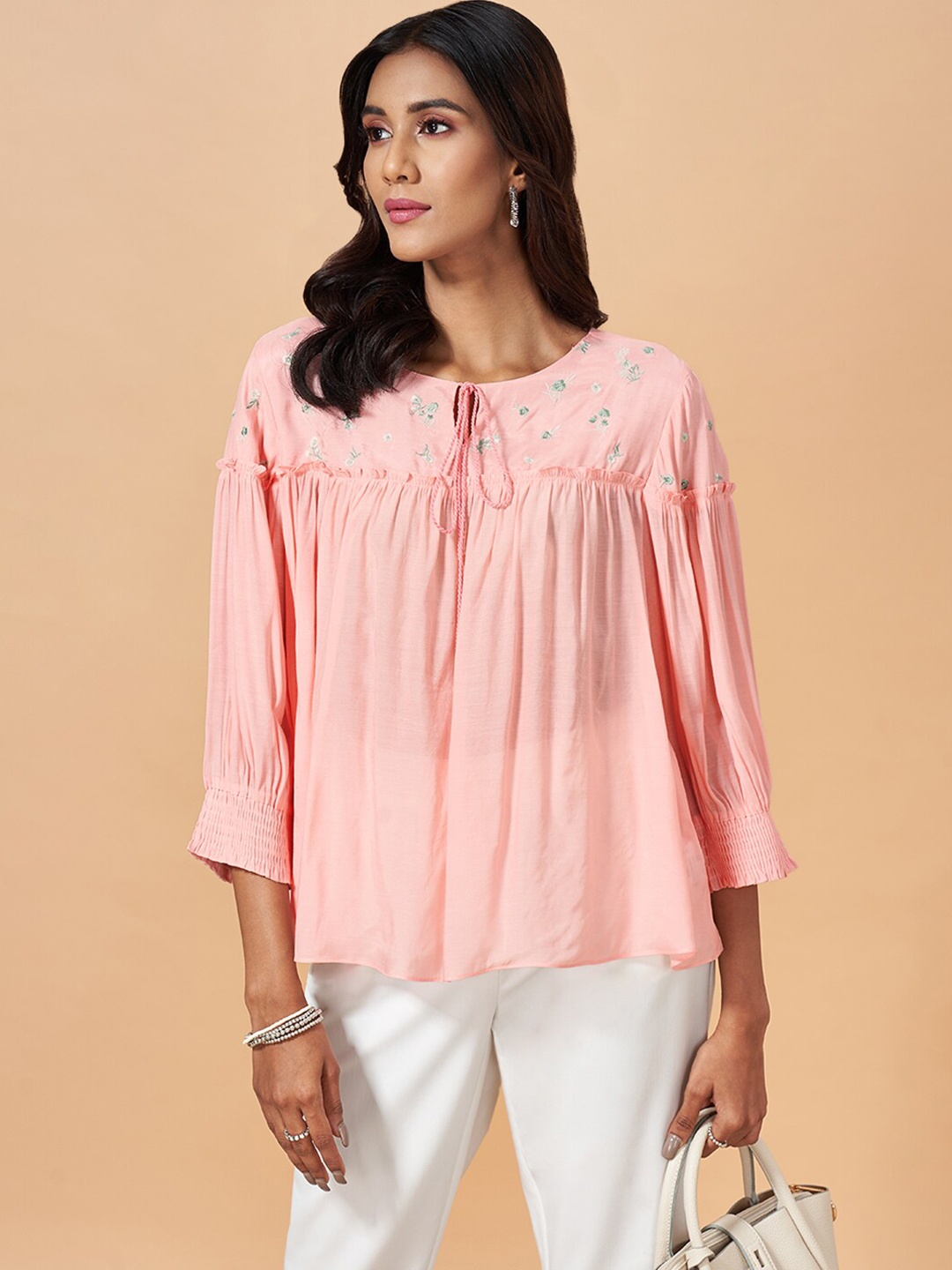 

Marigold Lane Gathered Tie-Up Neck Top, Pink