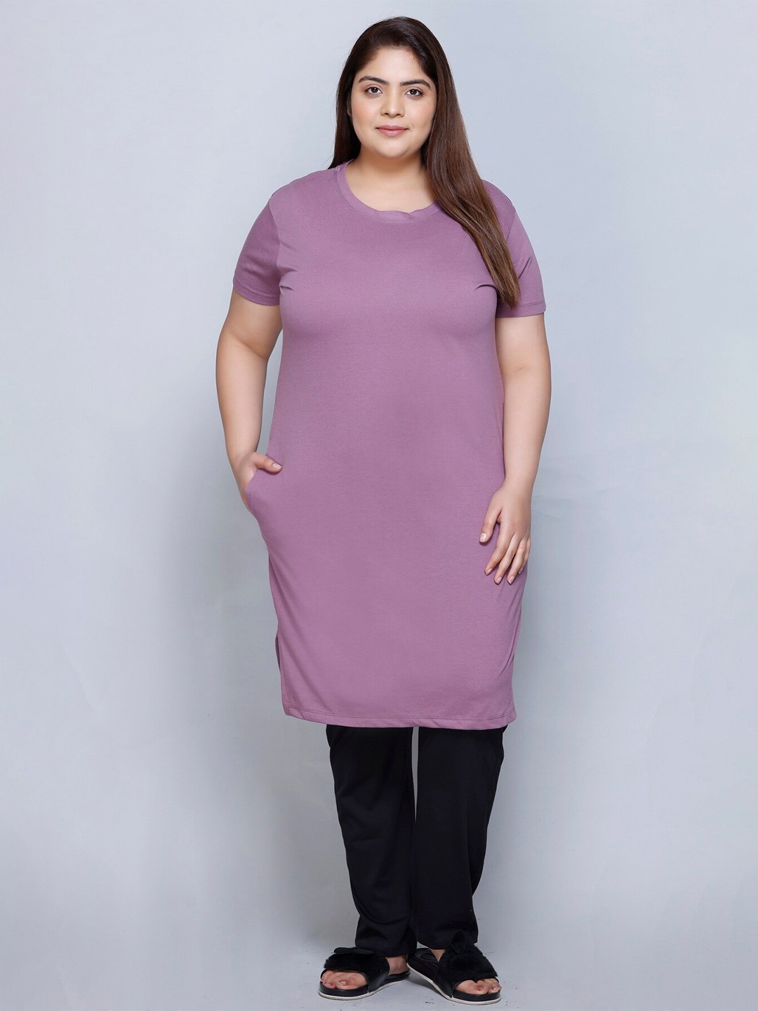 IN Love Plus Size Short Sleeves Pure Cotton Longline Lounge Tshirt, Purple