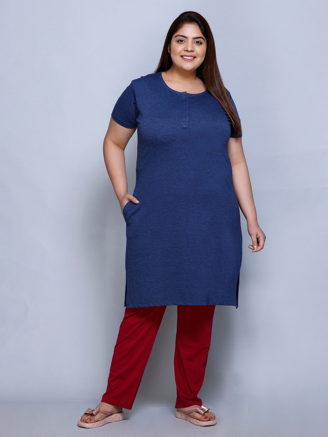 

IN Love Plus Size Short Sleeves Pure Cotton Longline Lounge Tshirt, Blue