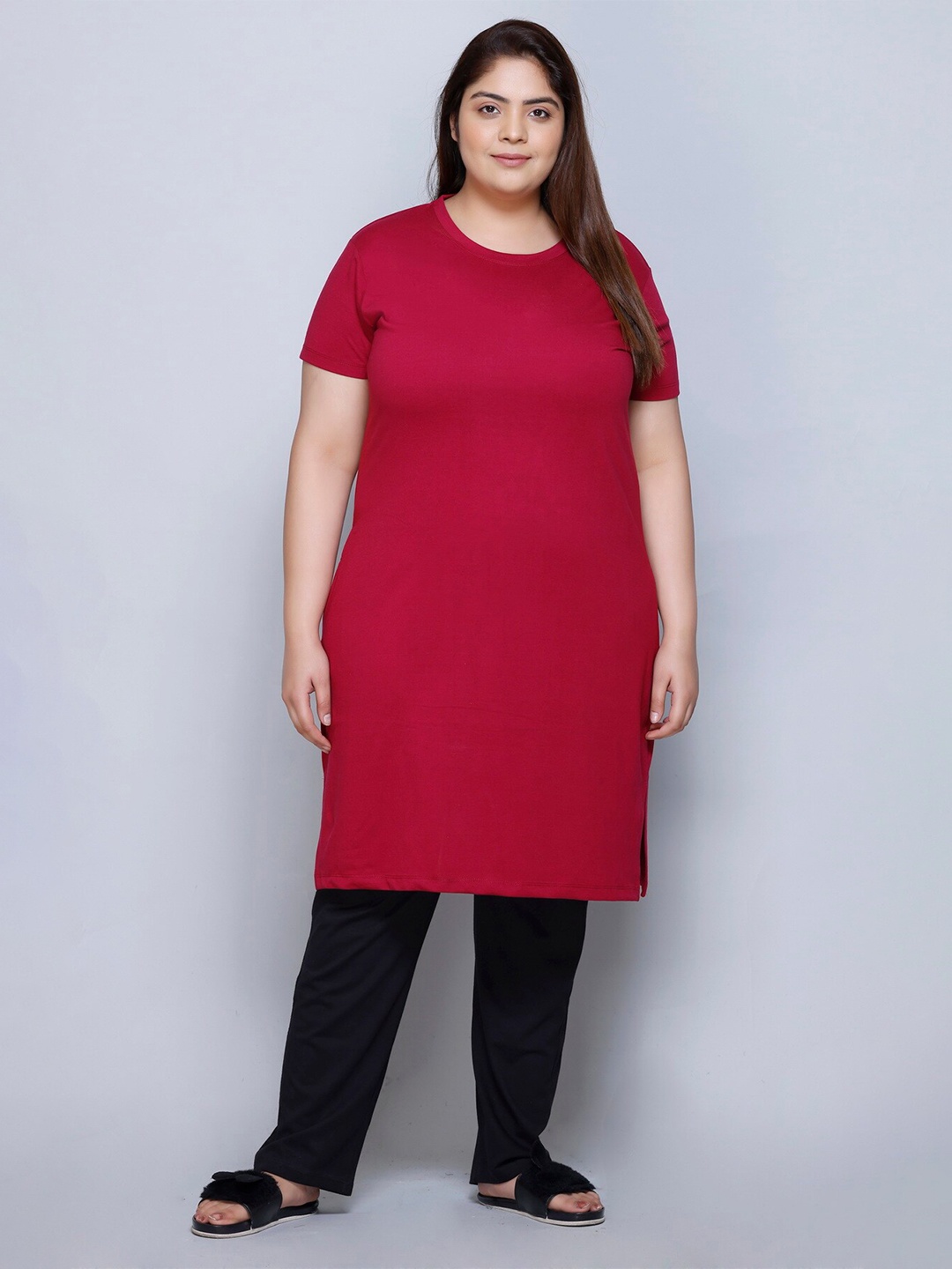 

IN Love Plus Size Short Sleeves Pure Cotton Longline Lounge Tshirt, Red