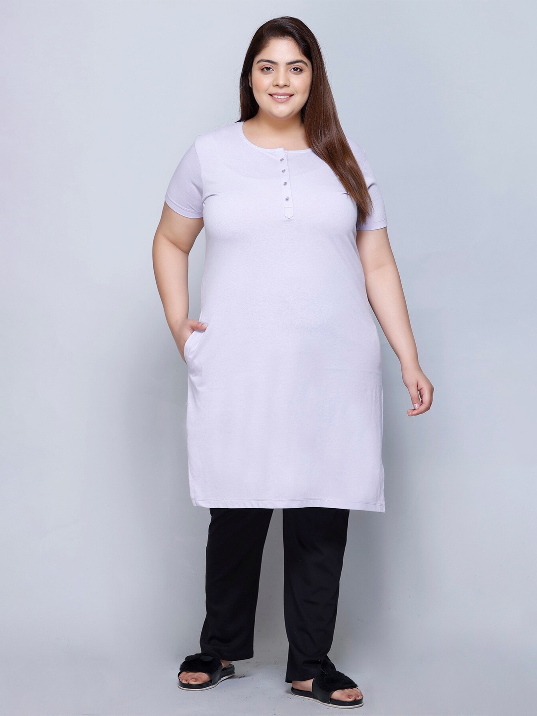 

IN Love Plus Size Short Sleeves Pure Cotton Longline Lounge Tshirt, Lavender