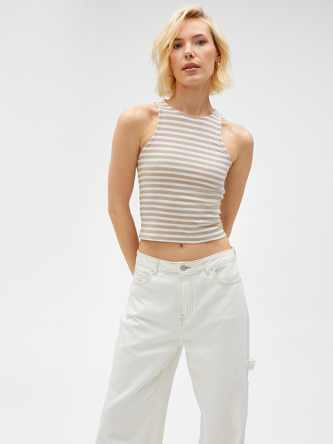 

Koton Halter Neck Striped Crop Top, Beige