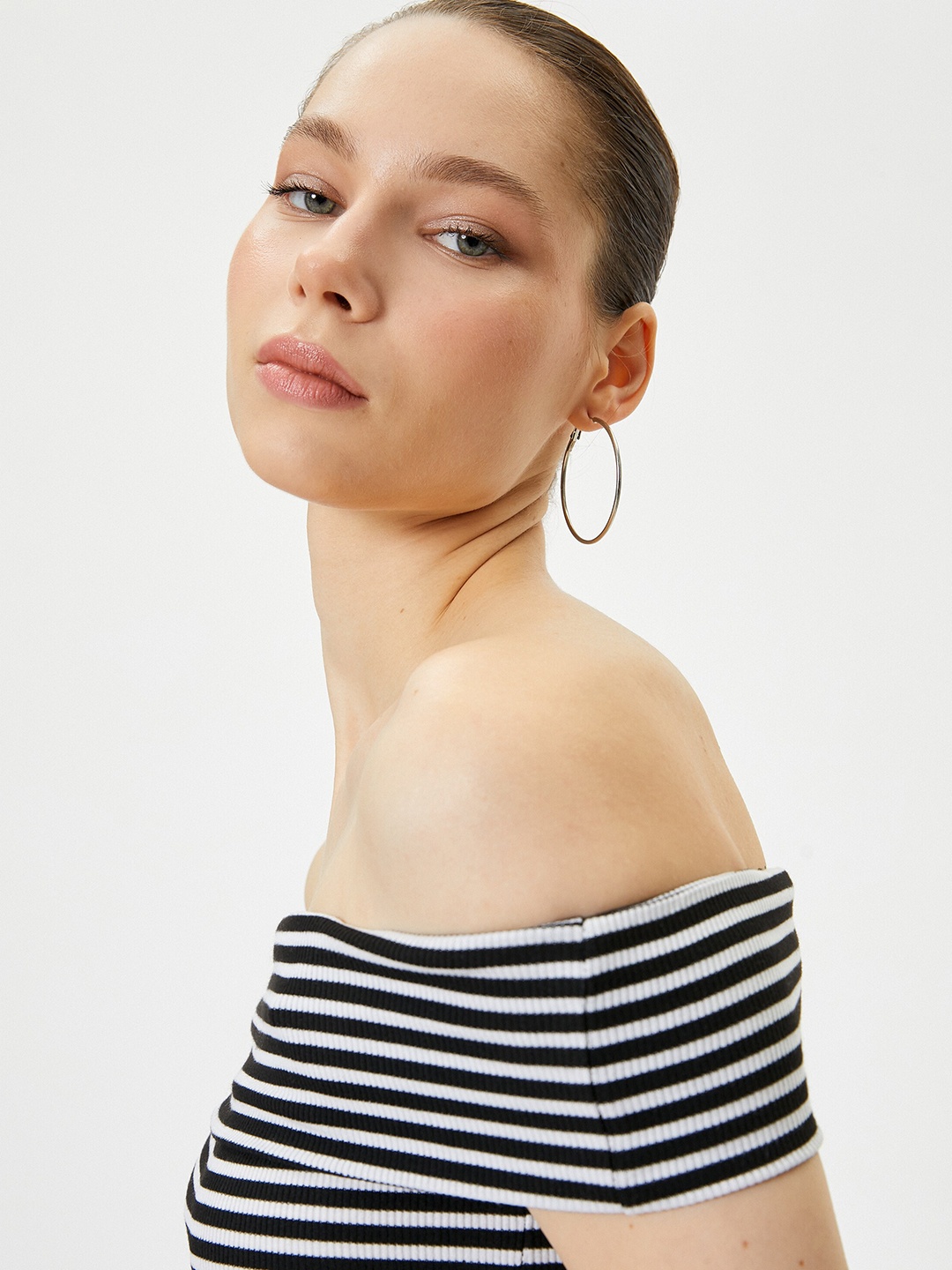 

Koton Horizontal Stripes Off-Shoulder Cotton Bardot Crop Top, Black