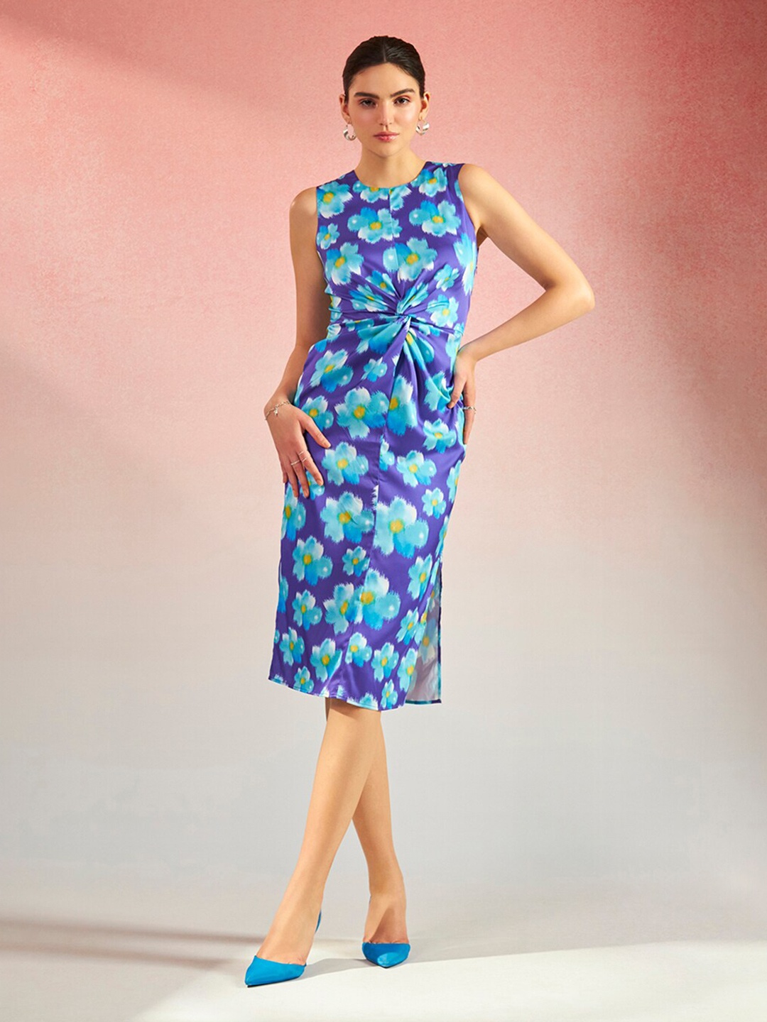 

Virgio Floral Print Satin Sheath Dress, Blue