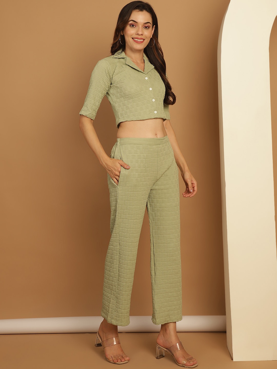 

Indian Needle Self design Lapel Neck Top With Flared Trouser, Green