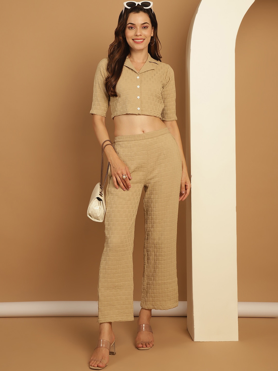 Indian Needle Self design Lapel Neck Top With Flared Trouser, Beige