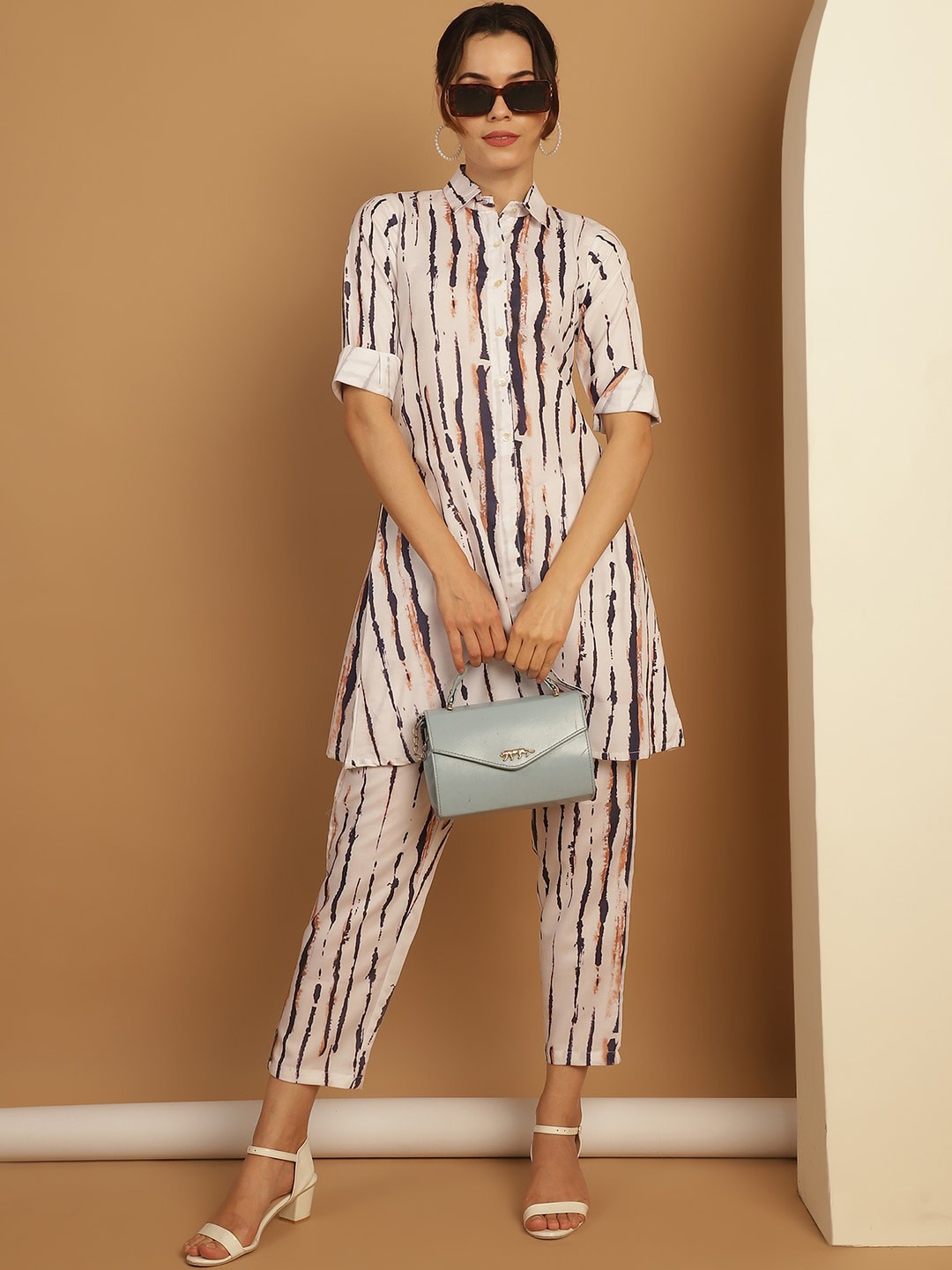 

Indian Needle Striped Shirt Collar Tunic &Trouser, White
