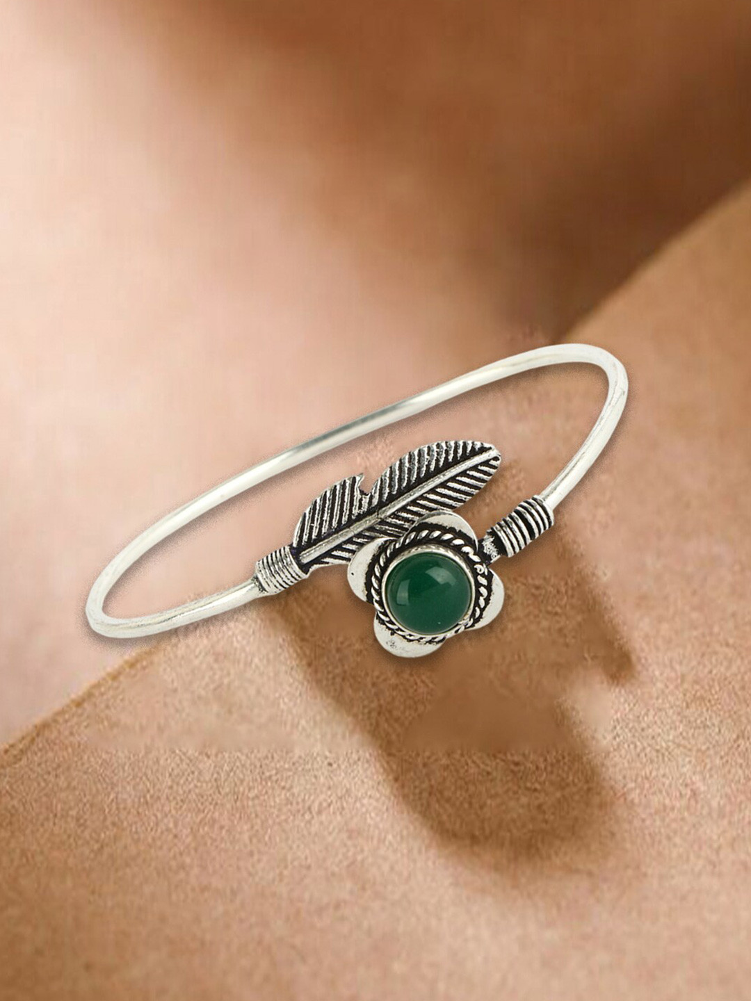

House of Pataudi Women Silver-Plated Stone-Studded Oxidised Wraparound Bracelet