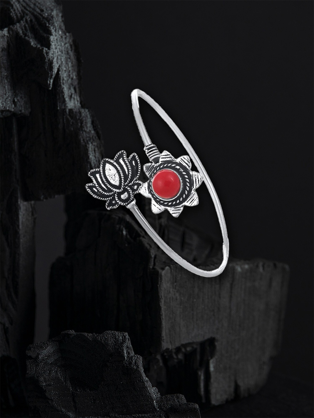 

House of Pataudi Women Silver-Plated Stone-Studded Oxidised Wraparound Bracelet