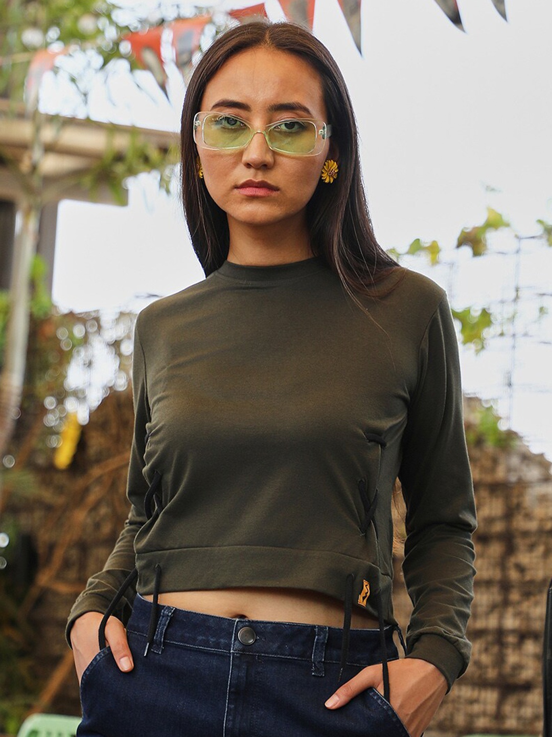 Campus Sutra Cotton Criss-Cross Cropped Top, Green