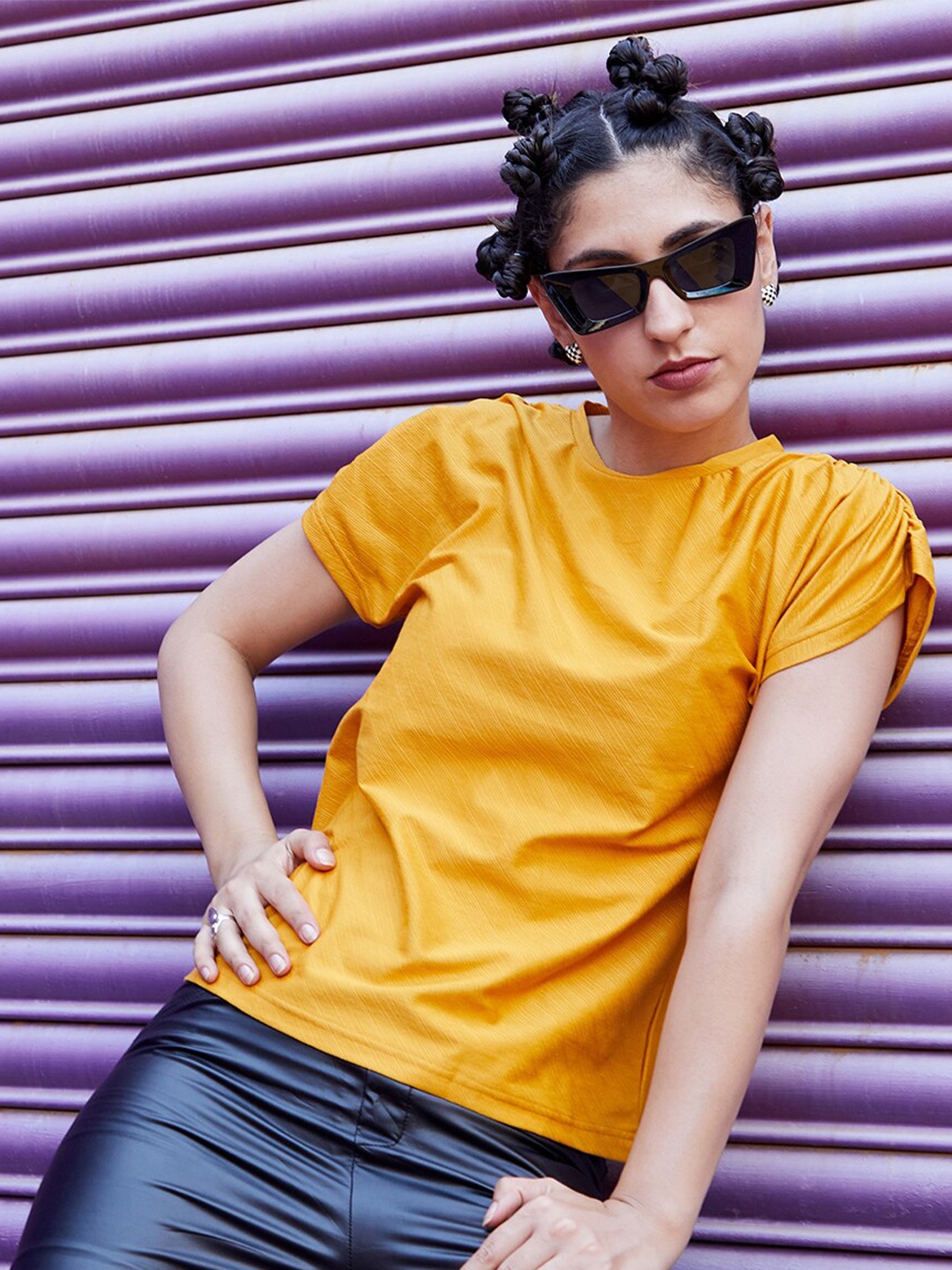 

Campus Sutra Round Neck Roll-Up Sleeves Cotton Top, Yellow