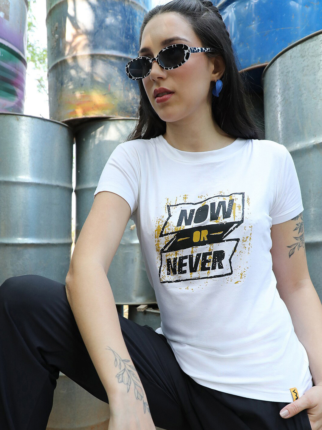 

Campus Sutra White Printed Round Neck Cotton Top