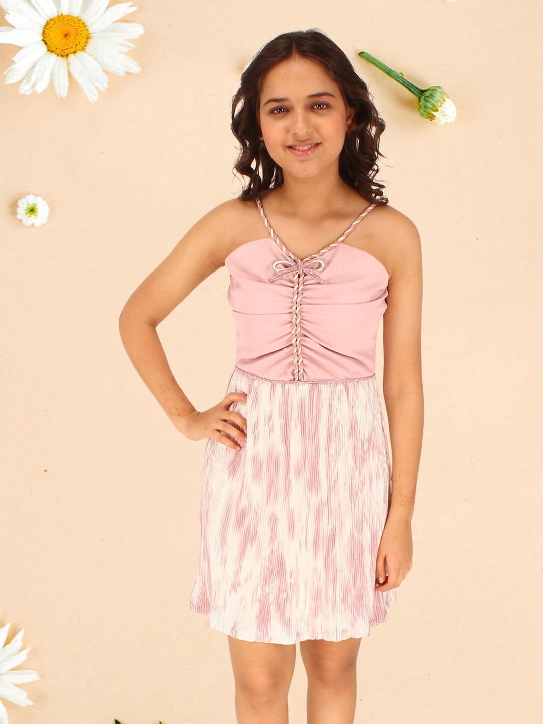 

CUTECUMBER Girls Applique Shoulder Straps Flared Georgette Fit & Flare Dress, Pink