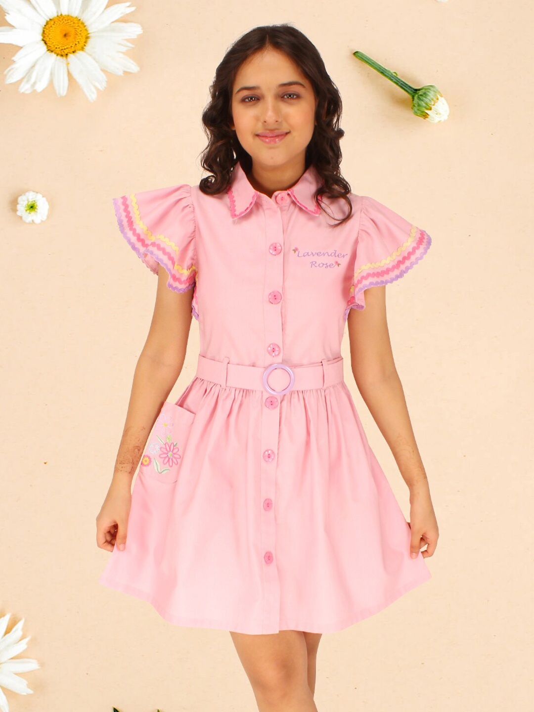 

CUTECUMBER Girls Shirt Collar Short Flutter Sleeve Fit & Flare Dress, Pink