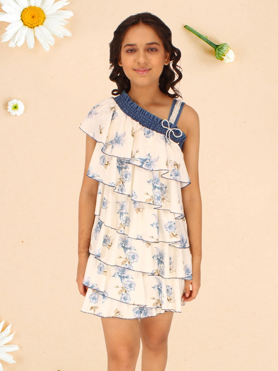 

CUTECUMBER Girls Floral Print One Shoulder Georgette Layered A-Line Dress, Cream