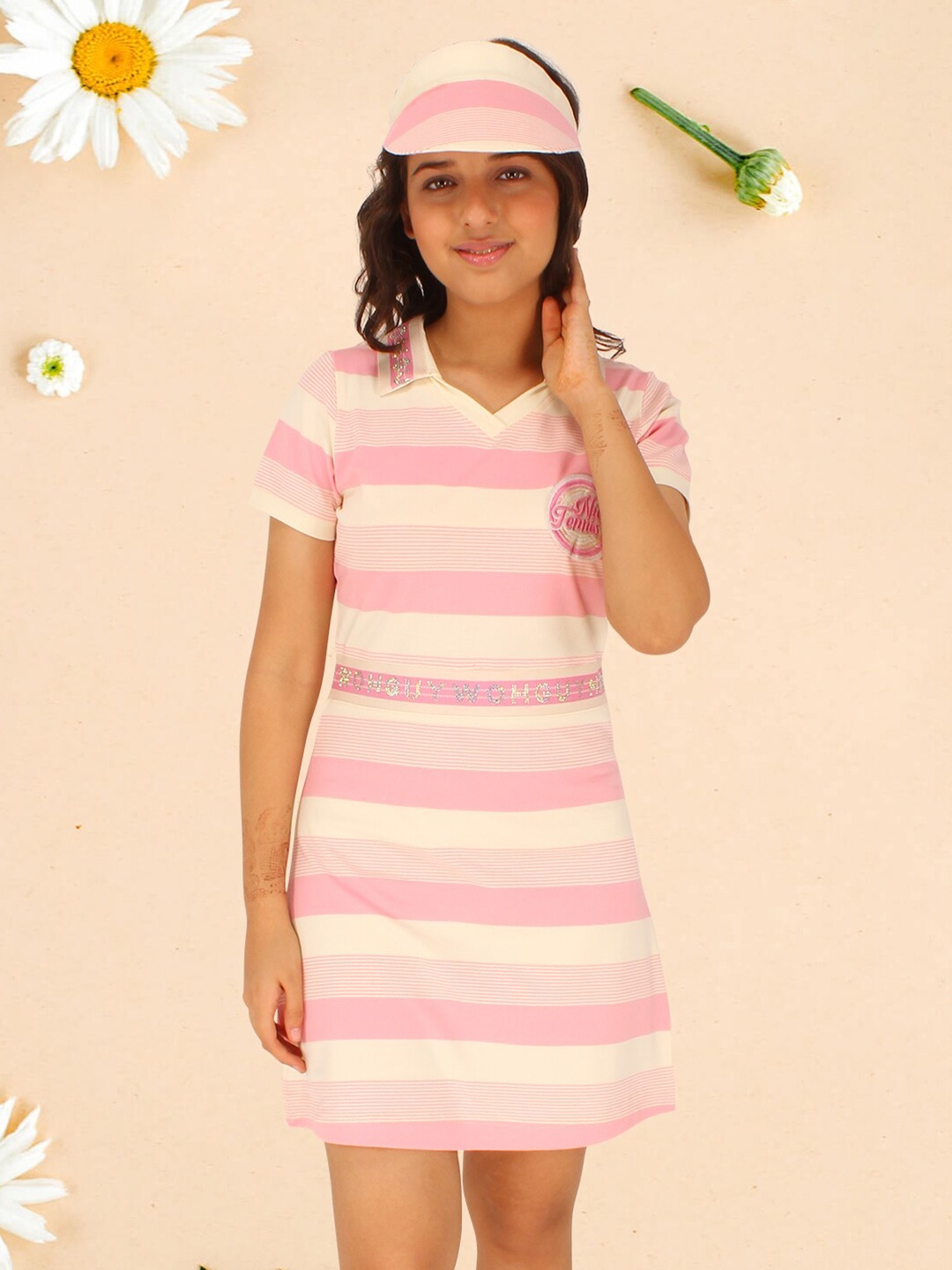 

CUTECUMBER Girls Striped Applique Straight Shirt Collar T-shirt Dress, Pink