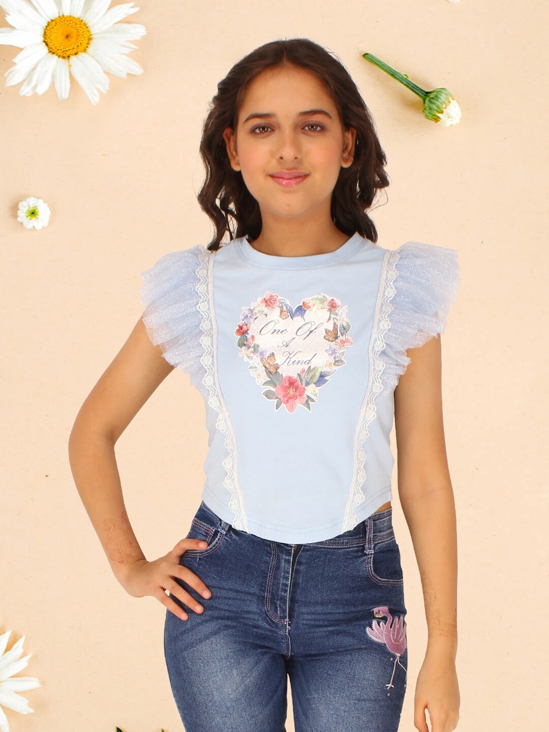 CUTECUMBER Floral Print Georgette Round Neck Flutter Sleeve Casual Top, Blue
