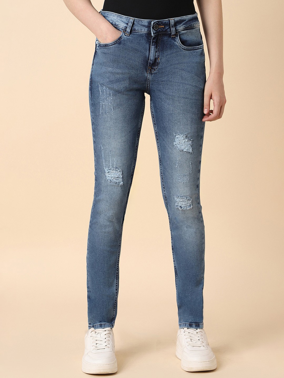 

Allen Solly Woman Slim Fit Low Distress Light Fade Stretchable Jeans, Blue