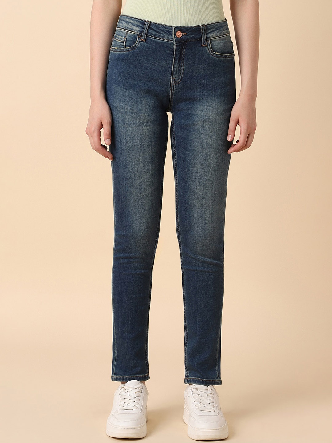 

Allen Solly Woman Slim Fit Mid-Rise Light Fade Clean Look Stretchable Jeans, Navy blue