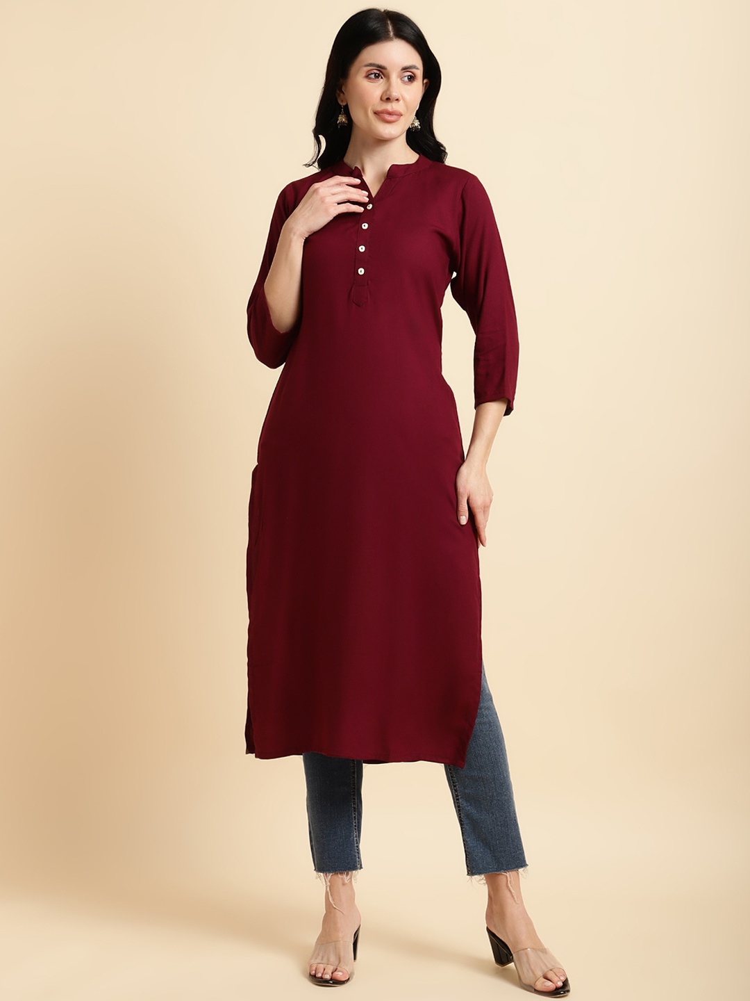 KALINI Mandarin Collar Straight Kurta, Maroon