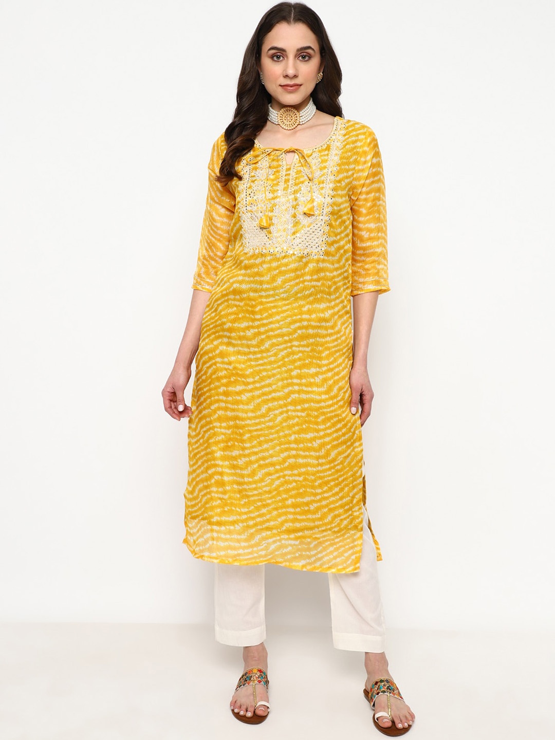 

KALINI Leheriya Striped Regular Thread Work Kurta with Trousers, Yellow