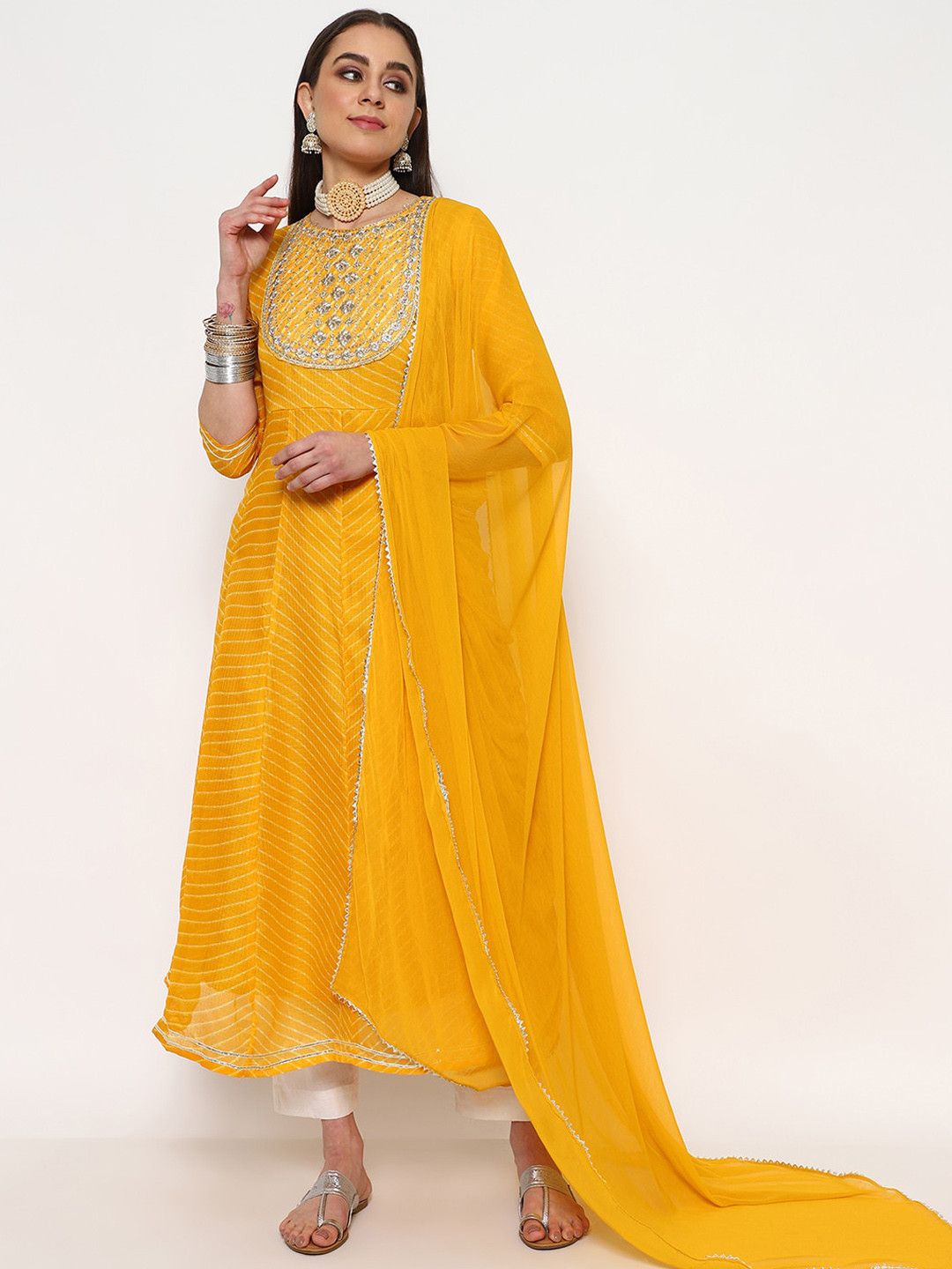 

KALINI Women Leheriya Embroidered Empire Patchwork Kurta with Trousers & With Dupatta, Yellow