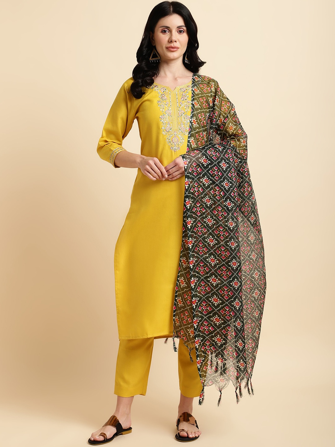 KALINI Embroidered Regular Kurta with Trousers & Dupatta, Yellow