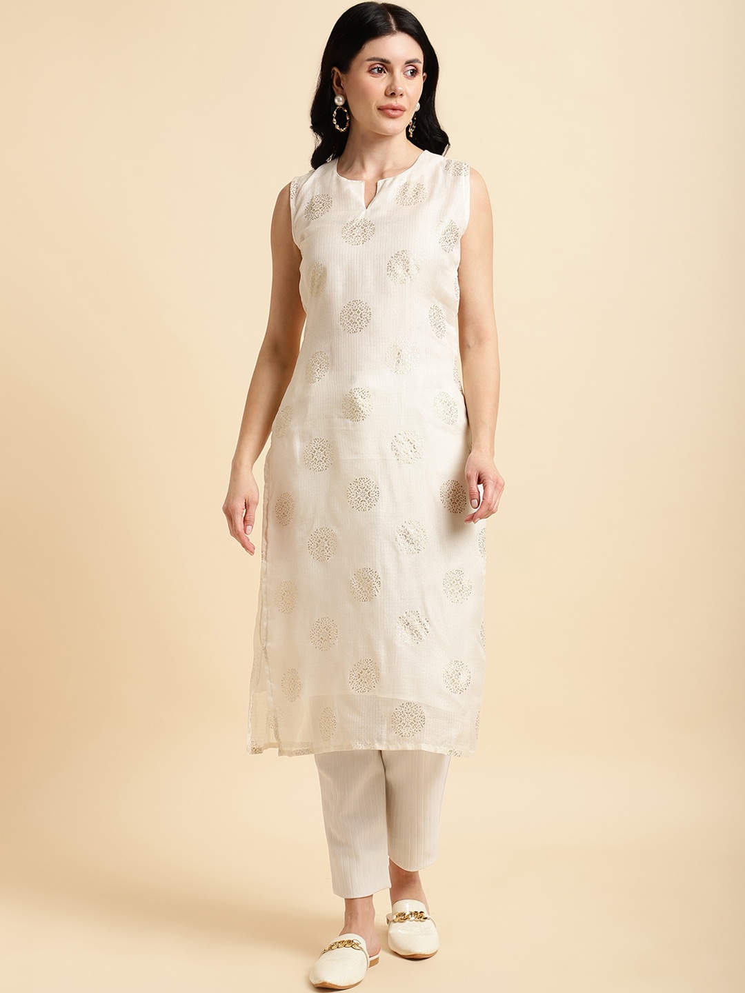 

KALINI Notched Neck Sleeveless Ethnic Motifs Printed Straight Kurta with Trouser, White