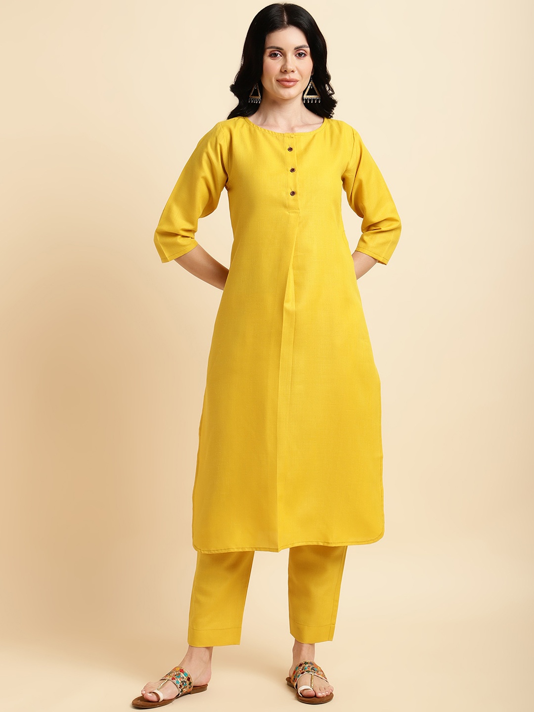 

KALINI Round Neck Regular Kurta with Trousers, Yellow