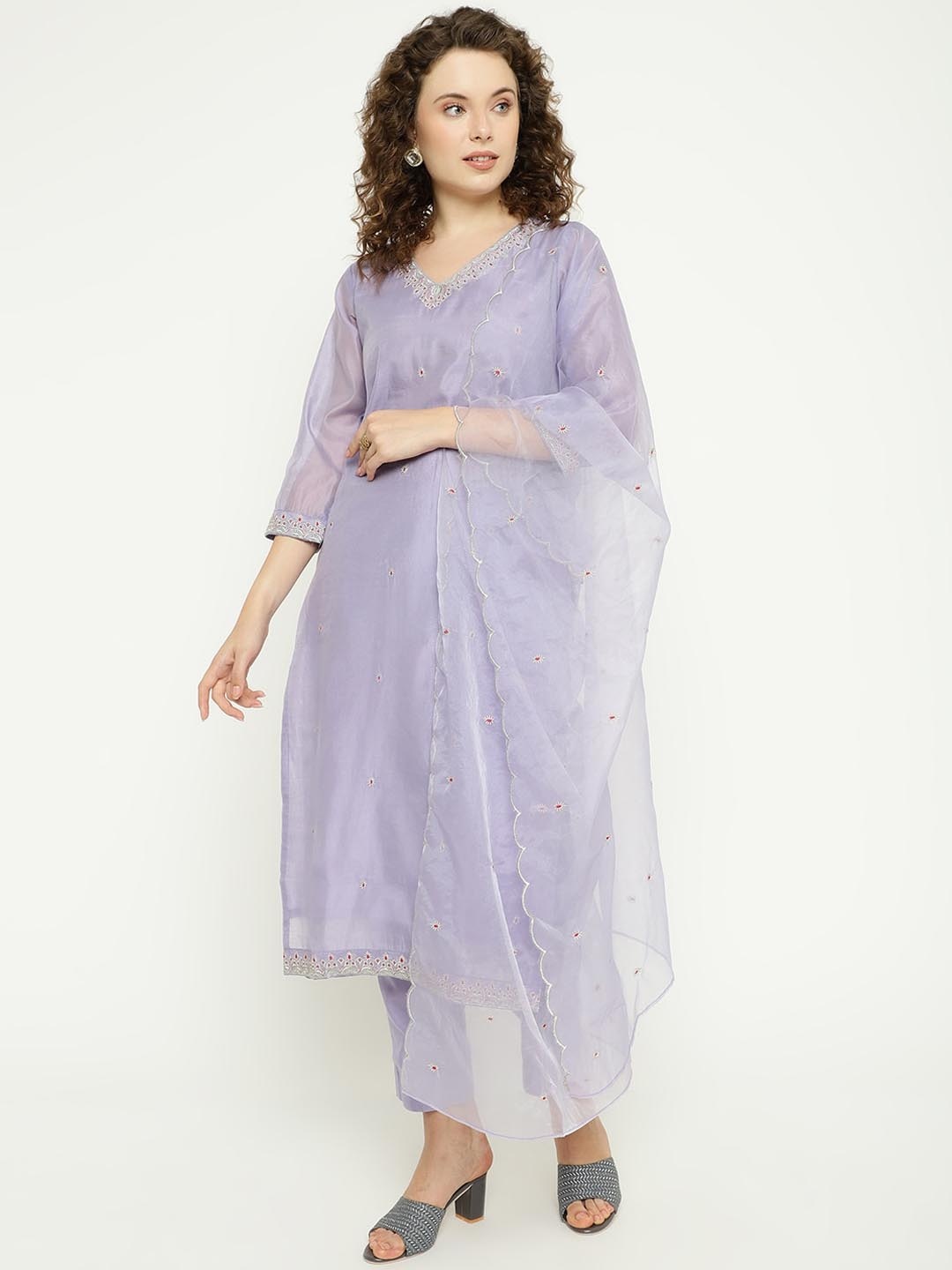 

KALINI Floral Embroidered Regular Chanderi Cotton Kurta with Trousers & Dupatta, Purple