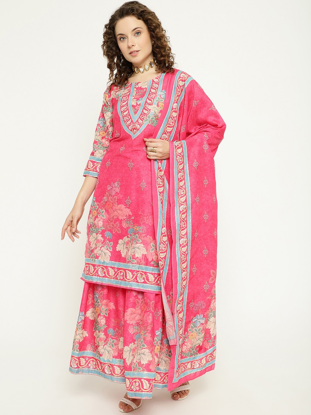

KALINI Floral Printed Regular Kurta with Sharara & Dupatta, Pink