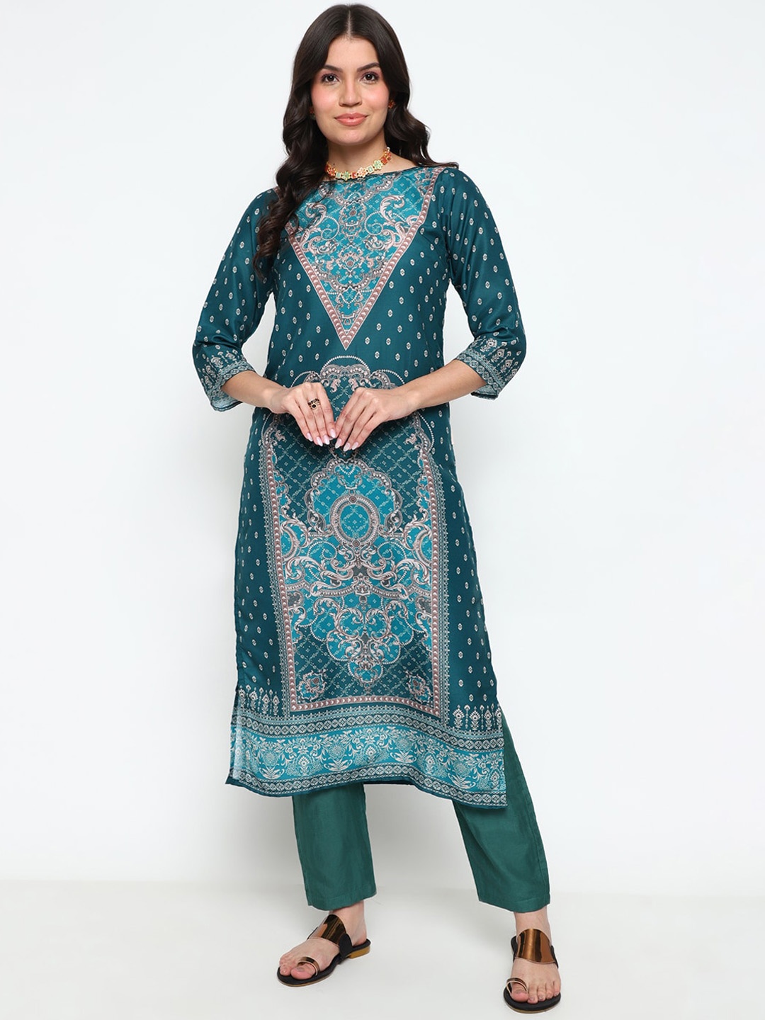 

KALINI Ethnic Motifs Printed Regular Kurta with Trousers & With Dupatta, Green