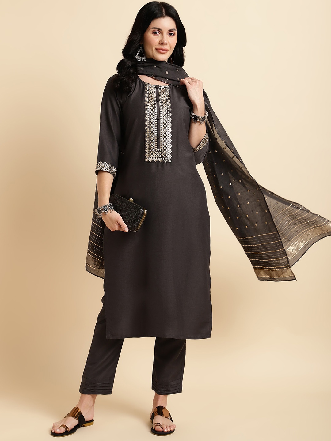 

KALINI Embroidered Regular Kurta with Trousers & With Dupatta, Grey