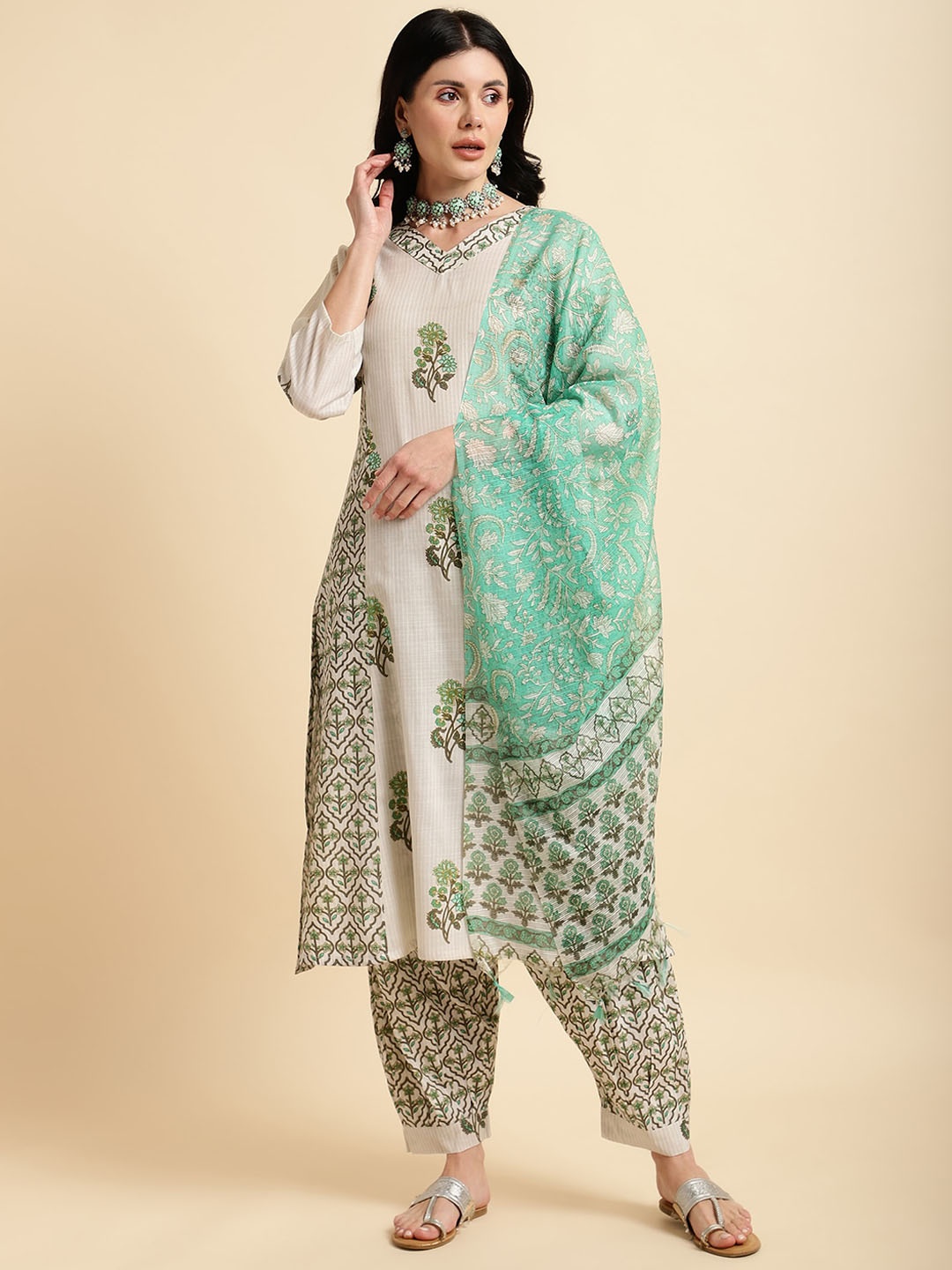 KALINI Printed Regular Kurta with Trousers & Dupatta, White