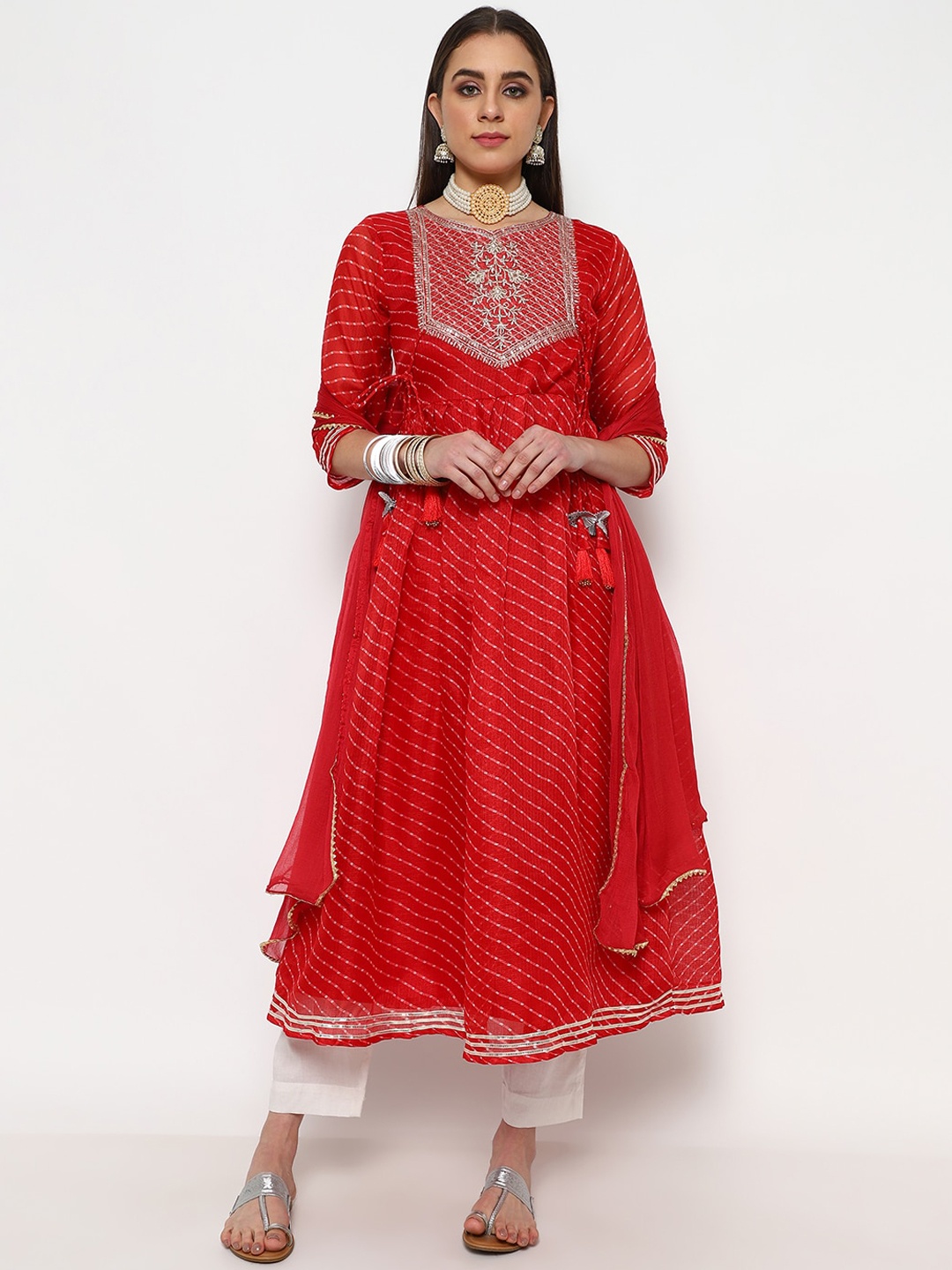 

KALINI Women Leheriya Embroidered Empire Patchwork Kurta with Trousers & With Dupatta, Red