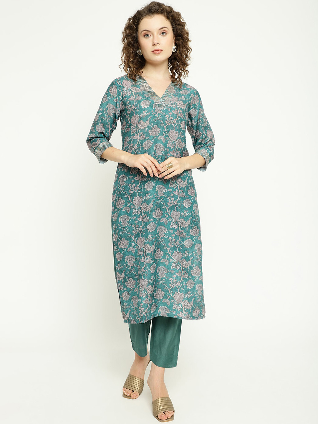 

KALINI Floral Printed Regular Sequinned Kurta with Trousers, Green