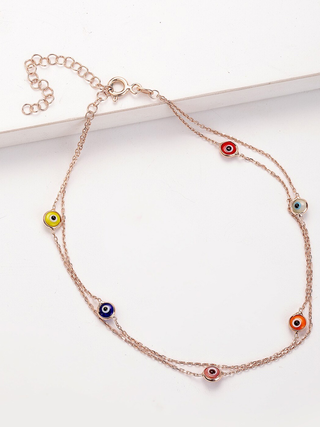

PRIONI 925 Sterling Silver Rose Gold-Plated Multi-Color Evil Eyes Bracelet