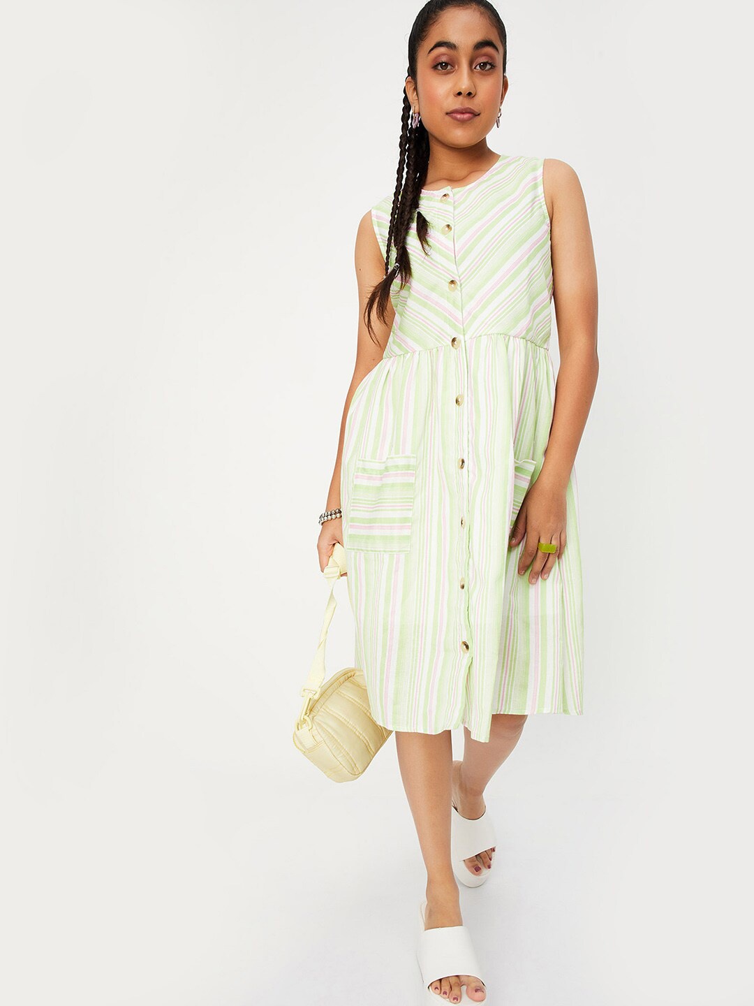 

max Girls Striped Fit & Flare Midi Dress, Green