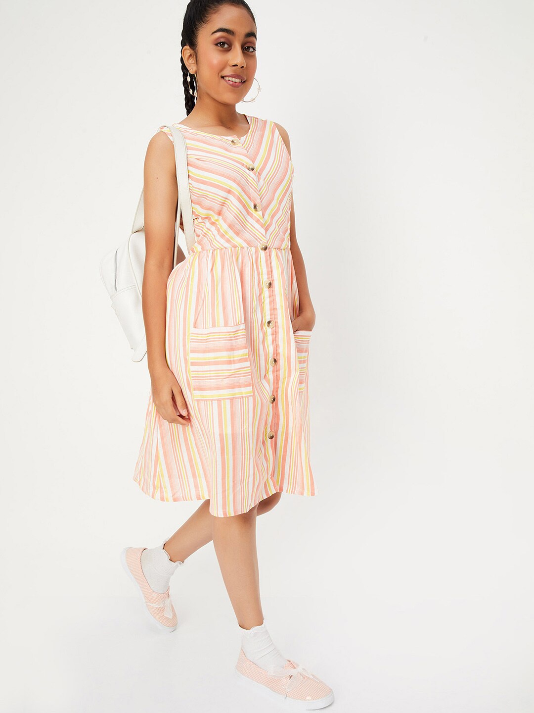

max Girls Striped Fit & Flare Cotton Dress, Orange