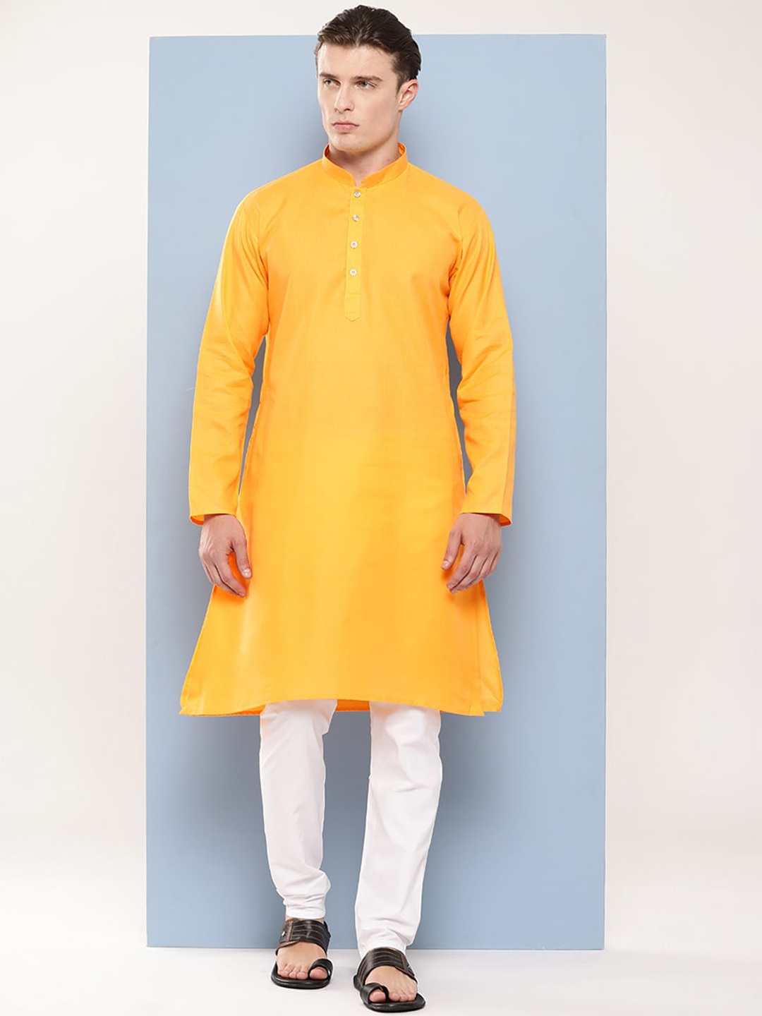 

Aarika Striped Mandarin Collar Long Sleeves Pure Cotton Kurta with Churidar, Mustard
