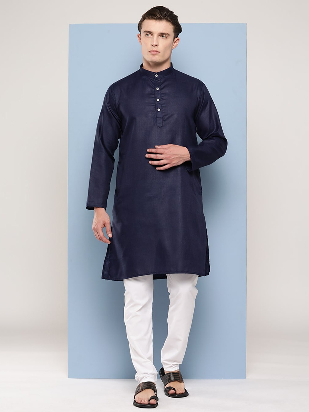 

Aarika Mandarin Collar Long Sleeves Pure Cotton Kurta with Pyjamas, Navy blue